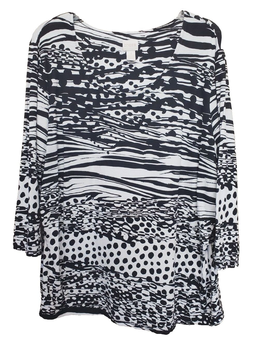 Chico's Jersey Knit Black/Gray Dots & Stripes Scoop Neck Knit Tunic Size 4 (XXL)